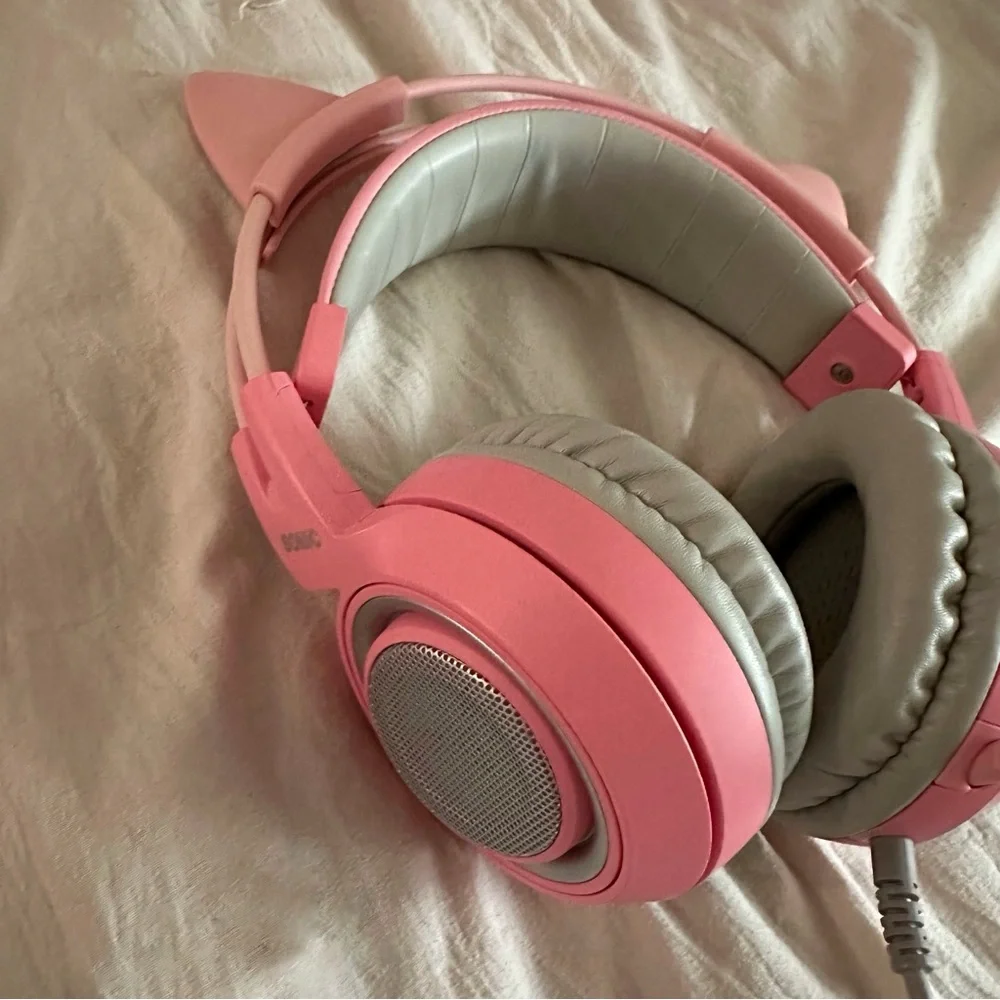 Pink and Gray Over-Ear Headphones with Cat Ears - Picture 2 of 9